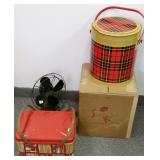 Group Skotch kooler, pottery, tin & G.E. fan