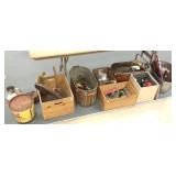 2 copper boilers with bottles, jars, wooden