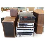 Group of stereo equipment, speakers, turntable