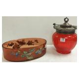 Consolidated pigeon blood biscuit jar & art glass