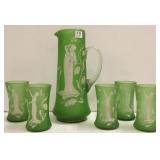 Mary Gregory type green satin lemonade set