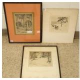 3 pencil signed J.H. Euston etchings- 2 framed
