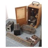 Vintage microscope in case, 2 cameras, mousetrap,