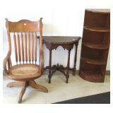 Oak office chair, walnut console table, 4-tier