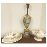 Hand painted lamp & 2 early tureens