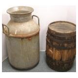 Large Standard Oil can & a wooden keg