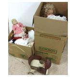 Group of large collector dolls, doll buggy, etc.