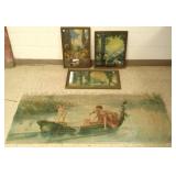 3 framed deco prints & large cherub painted