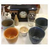 Group of pottery, antique mantel clock, etc.