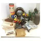 Group including mantle clock, seltzer bottle, etc.