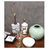 Korean celadon vase, 2 lamps & miscellaneous