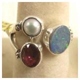 Sterling ring set with tourmaline, pearl & opal