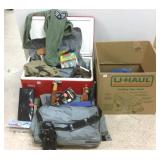 Group of fishing tackle & a Coleman cooler, etc.