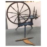 Early blue decorated spinning wheel