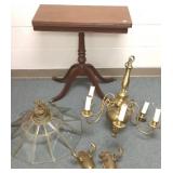 Folding game table, brass fixture & sconces