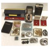 Group including belt buckles, watches, jewelry,