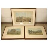 3 large framed colored engravings