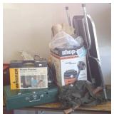 Group of camping items, hub caps, etc.