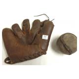 Early leather baseball glove & softball