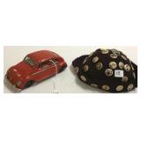 Beanie with vintage cartoon buttons & tin car