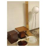 Modern end table, 2 round mirrors, oak display