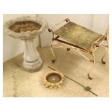 Bird bath, iron bench, etc.