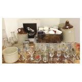 Group of advertising beer glasses, crocks, mugs,