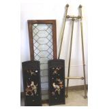Leaded glass window 16" x 52", brass easel & 2
