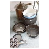 Group of cast iron pans, graniteware & copper