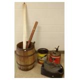 Barrel with tools, oil cans, etc.