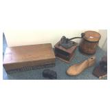Group of wooden items, seed box, coffee grinder,