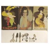 Group of assorted sterling flatware & 3 prints on