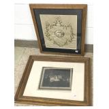 Early framed engraving & a framed needlework