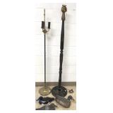 3 vintage wooden decoys & 2 floor lamps