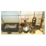 Group including humidor, brass student lamp,