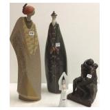 3 large pottery figures & a Lladro bell
