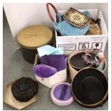 Group of assorted vintage hats, hat boxes, purses,