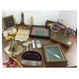 Group assorted desk top articles, miniature bike,