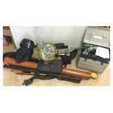 Tackle box with tackle, fishing rods, waders, etc.