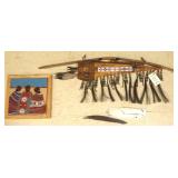 Native American style veaded bow & arrows & a tile
