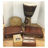 Carved Native drum & a rope bouy, oriental stands,