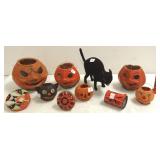 Group of papier-mache pumpkins, German cat, etc