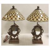 Pair antique style cherub & leaded glass lamps