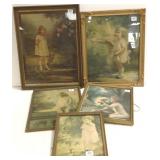 5 vintage framed little girl lithos