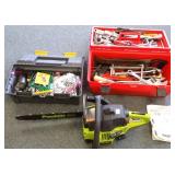 2 tool boxes with tools & a Poulan chain saw with