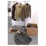 Group military items including uniforms, hats,