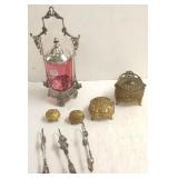 Victorian pickle castor- cranberry jar, 3 tongs &