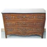 Carved French style 3-drawer marble top chest