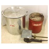 Antique scale, a large aluminum kettle & a gas can