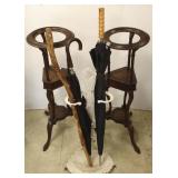 2 Victorian claw foot plant stands & an umbrella